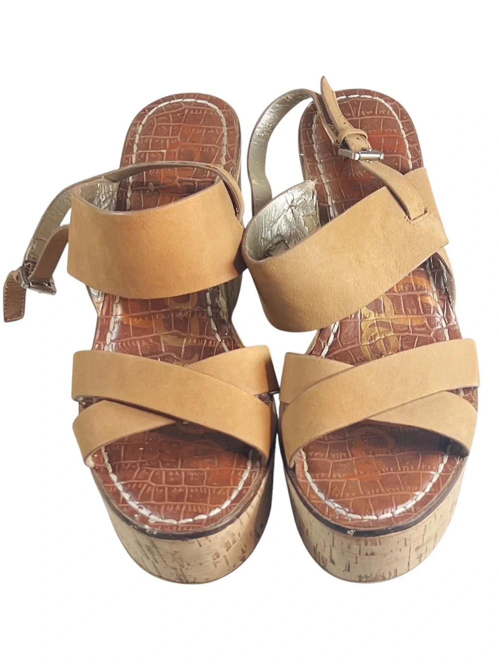 Sam‎ Edelman Destiny Tan Leather and Cork Platform Wedge Sandals Boho Summer